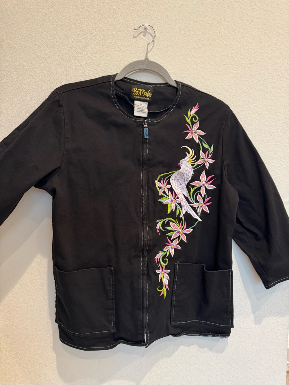 Bob Mackie Wearable Art Jacket with Pink Floral & White Parrot Embroidery